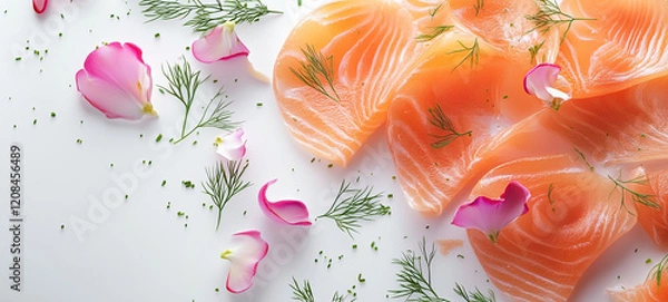 Obraz salmon steak with spices on a white wooden table.