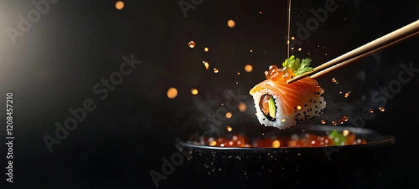 Obraz japanese sushi roll with sticks, chopsticks, soy sauce and chopsticks on a black background. japanese sushi.