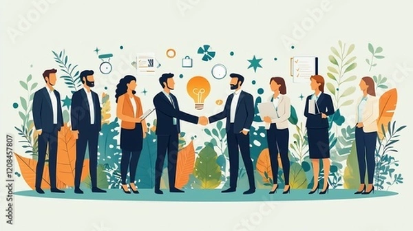 Fototapeta Group of professionals shaking hands after closing a deal with abstract decor elements in the background clean vector design