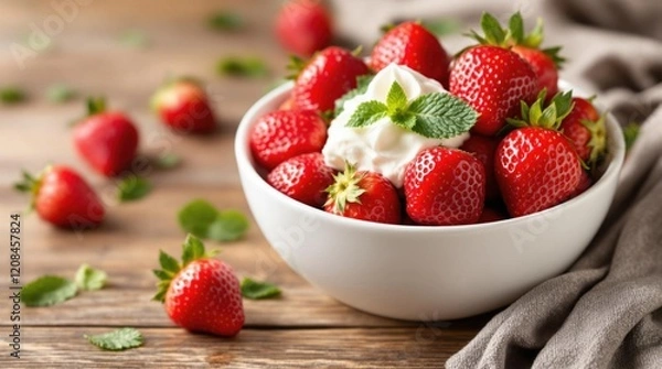 Fototapeta Strawberry with cream in the white plate on the wooden background 