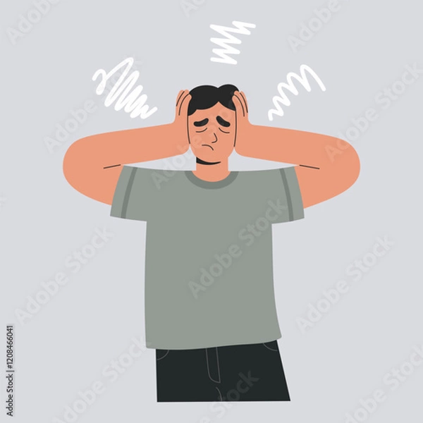 Fototapeta Intrusive thoughts concept, anxious man suffering from obsessive ideas. Stressed person, with mental disorder, overthinking problems and holding his head with hands. Flat vector isolated illustration