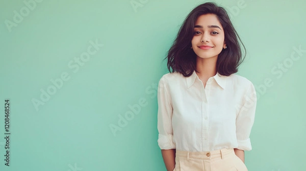 Obraz A woman is standing in front of a green wall, wearing a white shirt
