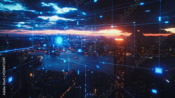 Fototapeta smart, digital, city, connection, network, innovation, Smart digital Innovation city with connection network reciprocity over the cityscape. of future smart wireless digital city and social media netw
