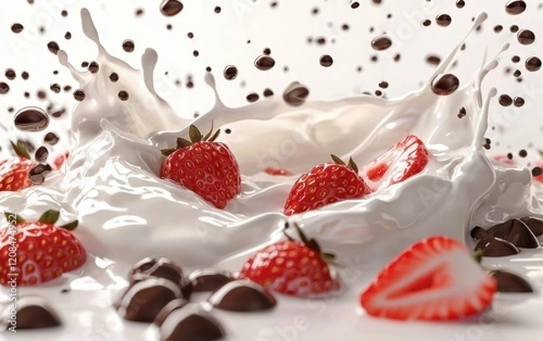Fototapeta A creamy white wave of milk with flying strawberry slices and droplets of chocolate syrup, splashing on a clean white surface