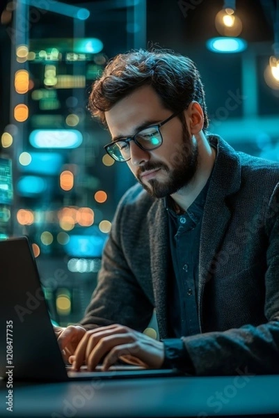 Fototapeta An engineer working on circuit board design using a laptop in a modern office, focusing on innovation for artificial intelligence projects.
