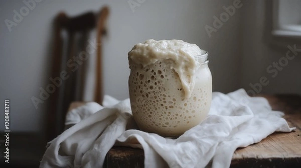 Obraz A glass jar filled with frothy, bubbly sourdough starter overflowing and spilling over the top. The jar is placed on a wooden surface with a white cloth draped around it.