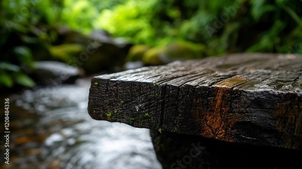 Obraz Serene Streamside: A Rustic Wooden Plank Over Flowing Water