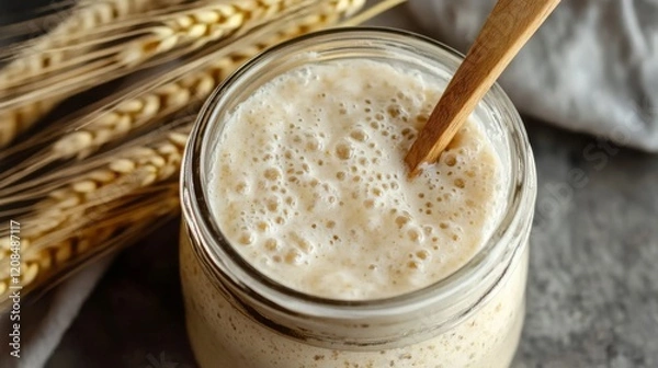 Fototapeta A jar with sourdough starter, with a wooden spoon inserted. Wheat stalks in the background highlight the bread-making process. The lively, active fermentation