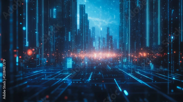 Fototapeta Smart digital Innovation city with connection network reciprocity over the cityscape. of future smart wireless digital city and social media networking systems that connects people with in city