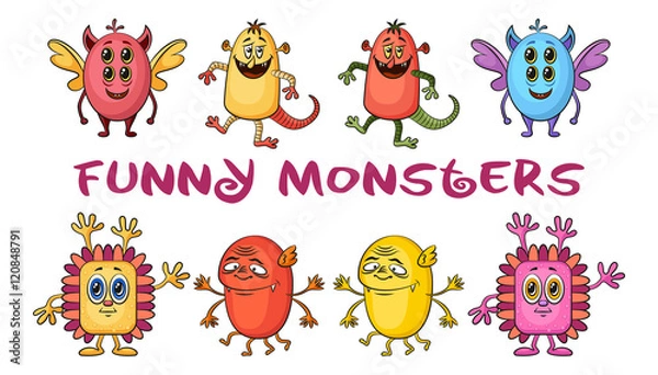 Fototapeta Set of Funny Colorful Cartoon Characters, Different Monsters, Elements for your Design, Prints and Banners, Isolated on White Background. Vector