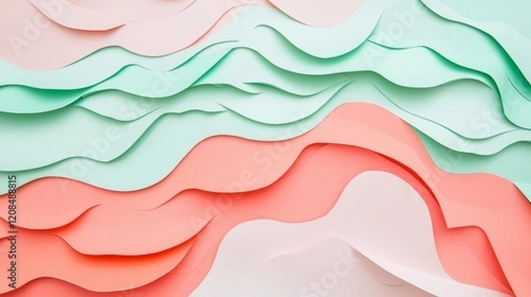 Fototapeta Colorful pastel paper layers creating a dynamic and textured abstract background with flowing, wavy shapes, ideal for design projects needing a touch of modern art and creativity