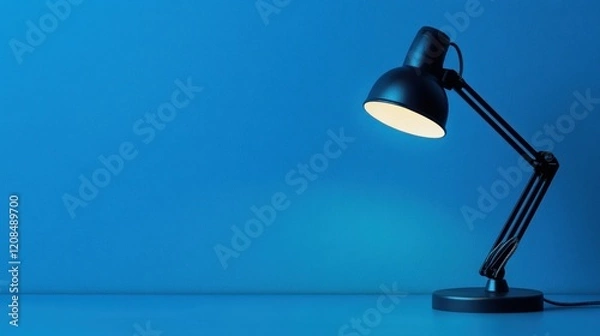 Fototapeta Illuminated desk lamp, blue background, workspace, study (3)