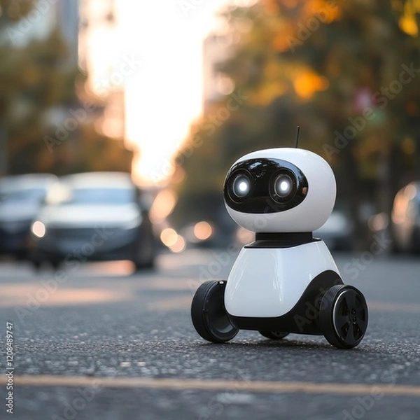 Fototapeta A small white robot with black wheels, featuring a round head with a camera and two LED lights, standing on a city street with blurred cars and trees in the background