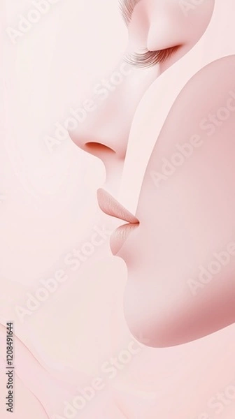 Obraz Close-up profile of a woman's face highlighting perfect skin and full lips, emphasizing natural beauty and cosmetic enhancements, in a soft pink color palette