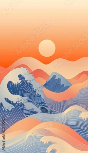 Fototapeta Modern ukiyo-e style illustration featuring large stylized waves in shades of blue and peach, beneath a vibrant orange sky with prominent sun