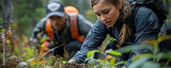 Fototapeta Researchers collecting soil samples in a forest to study the effects climate change on ecosystems.