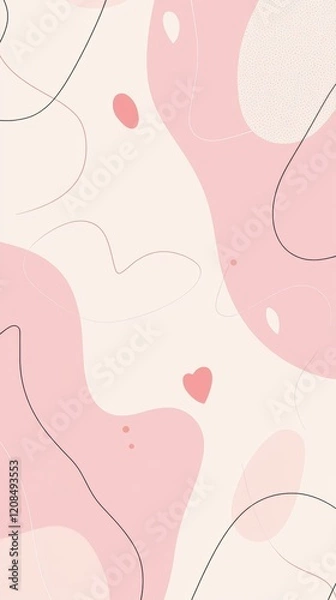 Fototapeta Pink pastel colors dominate this abstract background, featuring organic shapes, delicate lines, and small hearts creating a visually appealing design representing love, tenderness, and warmth