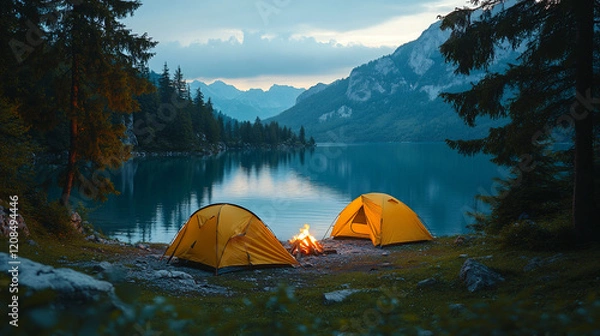 Fototapeta Group of Homeless Individuals Enjoy a Moment of Joy Near a Campfire at a Serene Lakeside Location in Nature During the Evening