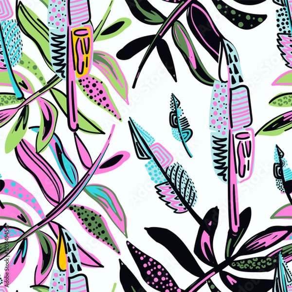 Fototapeta Modern tropical colorful background. Seamless pattern with tropical leaves and dots. Bright summer illustration. Tropical Design for fabric, paper and more