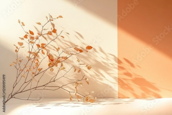 Obraz Dried branch with autumn leaves casts shadows on a beige and orange background.