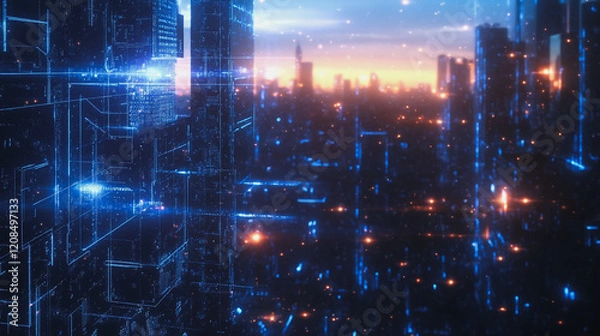 Fototapeta Smart digital Innovation city with connection network reciprocity over the cityscape. of future smart wireless digital city and social media networking systems that connects people with in city