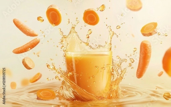 Obraz A warm golden wave of ginger-carrot juice with floating chunks and flying carrot slices, bursting into splashes on a light beige background
