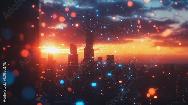 Obraz Smart digital Innovation city with connection network reciprocity over the cityscape. of future smart wireless digital city and social media networking systems that connects people with in city