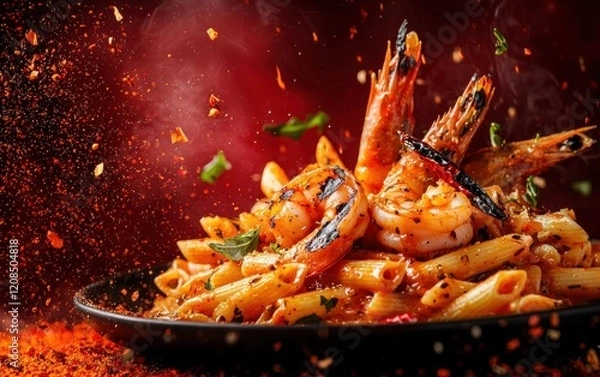 Obraz Rich vodka sauce bursting around penne pasta, grilled shrimp, and chili flakes, set against a moody red backdrop