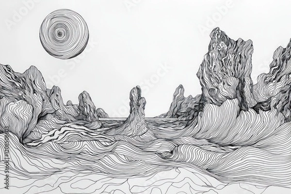 Fototapeta Abstract line drawings creating surreal landscapes and dreamlike scenes.