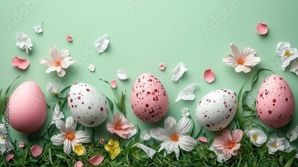 Obraz Easter celebration with decorative speckled eggs and flowers on green background