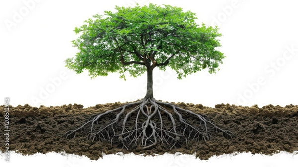 Fototapeta vibrant tree with lush green leaves and visible roots, symbolizing growth and stability. tree stands out against white background, showcasing its strong foundation