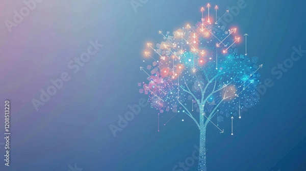 Fototapeta digital tree with colorful lights and arrows, symbolizing growth and innovation. background is gradient of blue and purple, creating serene atmosphere