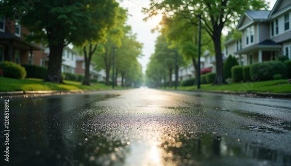 Fototapeta Wet pavement, wide-angle view of rainy suburban street, daylight reflecting off asphalt, lush green trees and houses