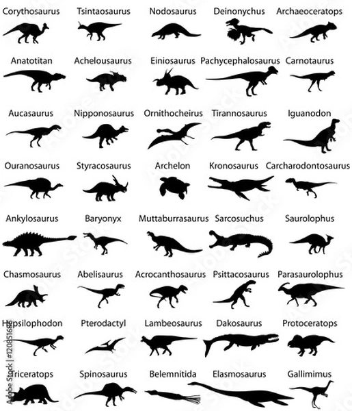Fototapeta Collection of silhouettes animals of cretaceous period of mesozoic era