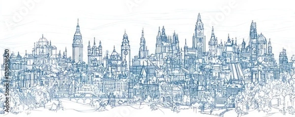 Fototapeta Line drawing a cityscape with famous landmarks and intricate details.