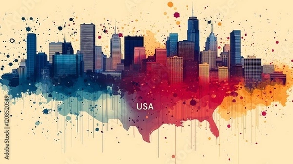 Fototapeta Vibrant USA Map with City Skyline and Colorful Splashes