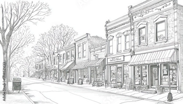 Fototapeta Line drawings small town main streets, featuring local shops and quaint architecture.