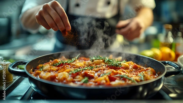 Fototapeta Chef skillfully seasoning a vibrant and flavorful dish in a professional kitchen setting