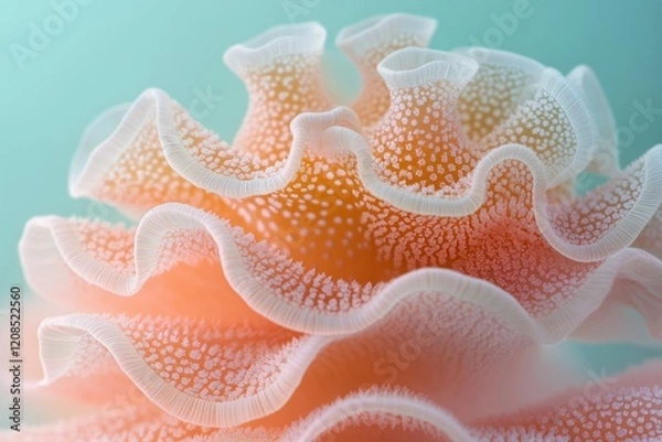 Fototapeta Close-up of a delicate, peach-colored sea creature with intricate ruffled textures and white speckled patterns.