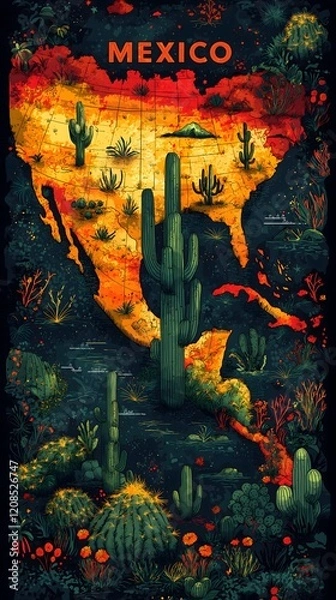 Fototapeta Illustrated Map of Mexico with Vibrant Desert Landscape