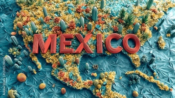 Fototapeta Colorful 3D Floral Map of Mexico with Cactus Details