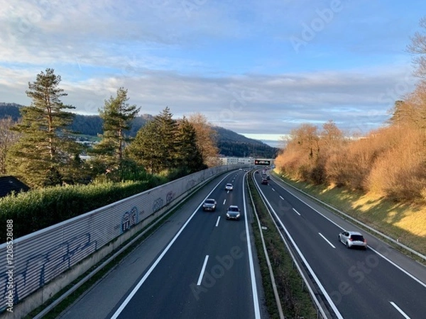 Obraz Auto fahren auf der Autobahn A1 - Autostrasse  
Strassenverkehr - Richtung Zürich bis Bern