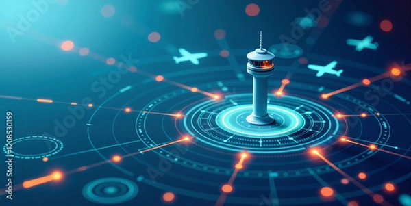 Fototapeta Air traffic control tower with planes, technology and aviation safety concept