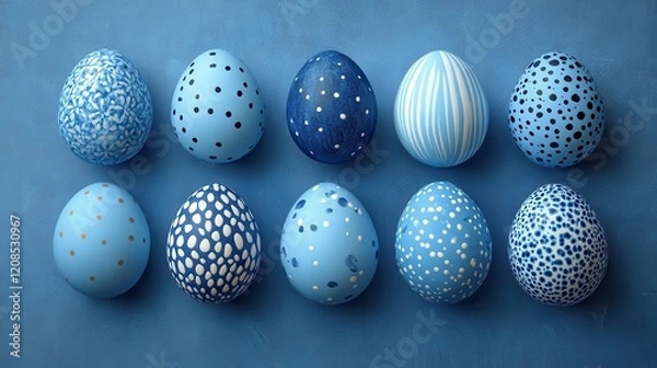 Fototapeta Blue easter eggs with unique textures and patterns for festive decoration