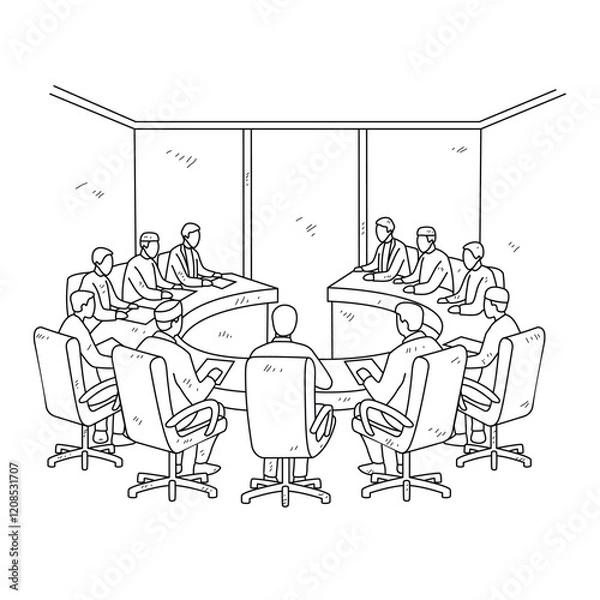 Fototapeta Simple sketch design drawing of Corporate Leadership Convenes: Inside the Executive Boardroom. The Modern Corporate Boardroom Where Vision Meets Decision illustration in simple sketch business design.