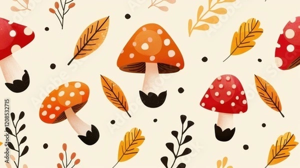 Fototapeta Experience the beauty of autumn with a vibrant mushroom pattern, featuring organic fungi and colorful toadstools in the forest.