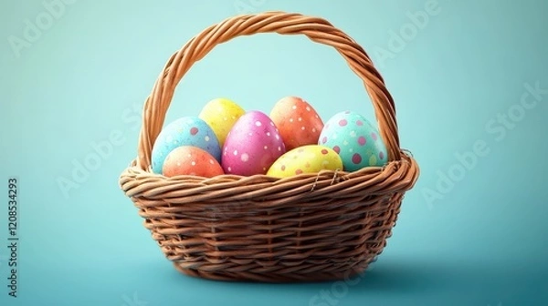 Fototapeta Colorful easter eggs in wicker basket for spring decoration and celebration