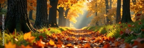 Fototapeta Golden leaves fall from trees softly on the forest path, tree bark, nature sounds