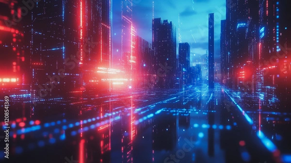 Fototapeta Smart digital Innovation city with connection network reciprocity over the cityscape. of future smart wireless digital city and social media networking systems that connects people with in city