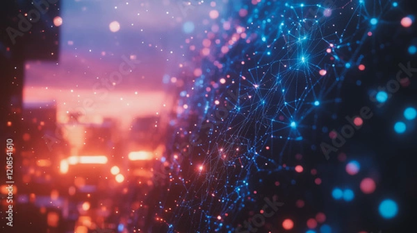 Fototapeta Smart digital Innovation city with connection network reciprocity over the cityscape. of future smart wireless digital city and social media networking systems that connects people with in city